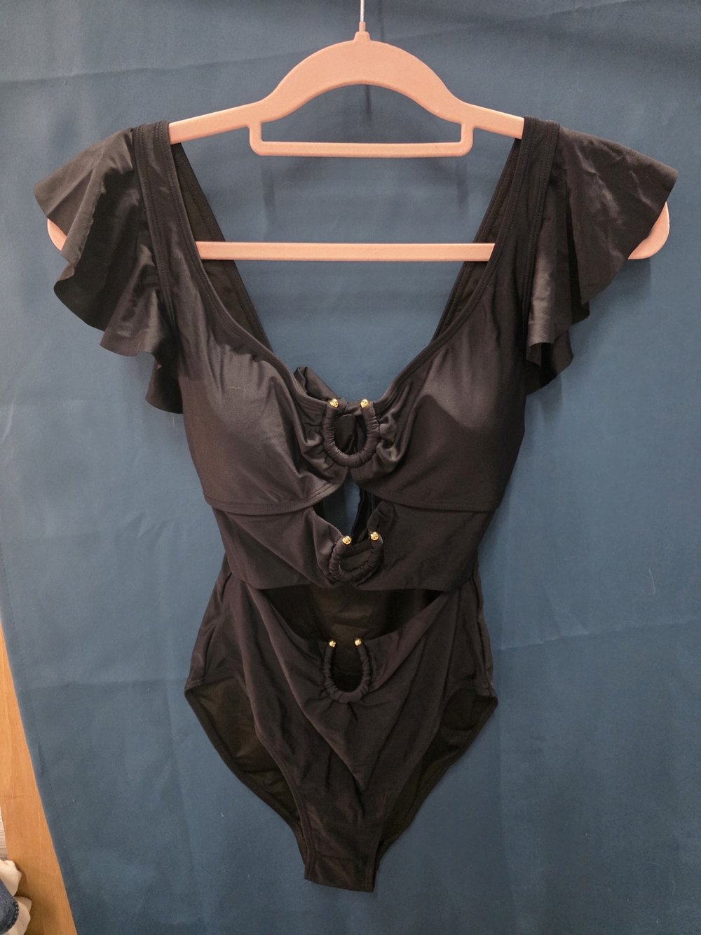 Black Ruffle-Sleeve Cutout Bandeau One-Piece